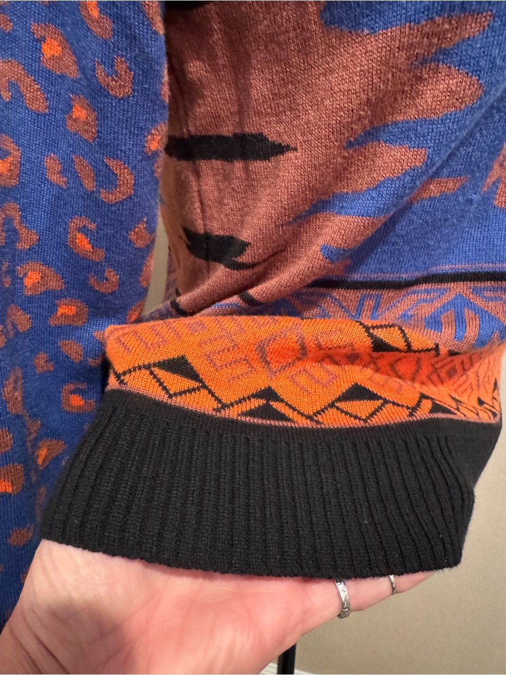 Bold Flying Tomato Southwestern  Blue, Orange & Black Crewneck Sweater - Picture 5 of 7